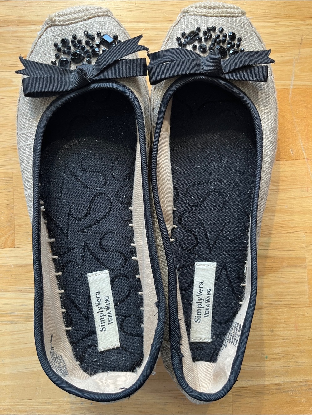 Simply Vera Vera Wang Beige Canvas Ballet Flats with Black Bow & Jeweled Accent